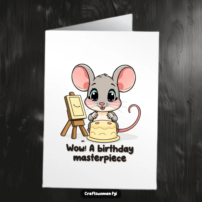 Funny free printable birthday card showing a small mouse gazing with amazement at a beautifully finished creation.