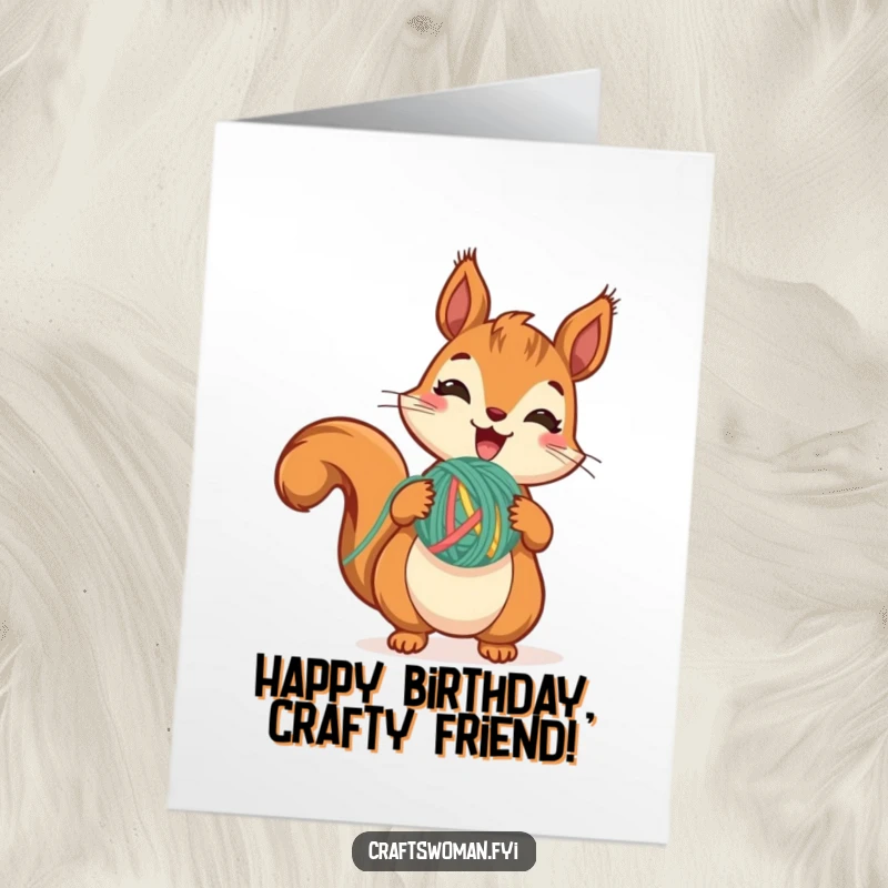 Funny Free Printable Birthday Card: Cute squirrel excitedly holding a yarn ball, mid-stitch with a determined, happy look.