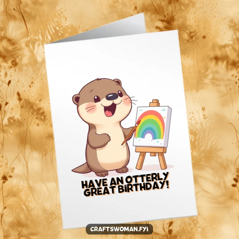 Funny Free Printable Birthday Card: A cheerful otter painting a vibrant rainbow with gusto, a unique downloadable gift.