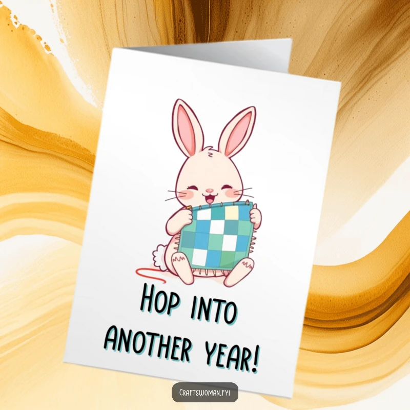 Funny Free Printable Rabbit Birthday Card: A joyful rabbit stitching a tiny patchwork quilt, a sweet DIY gift.