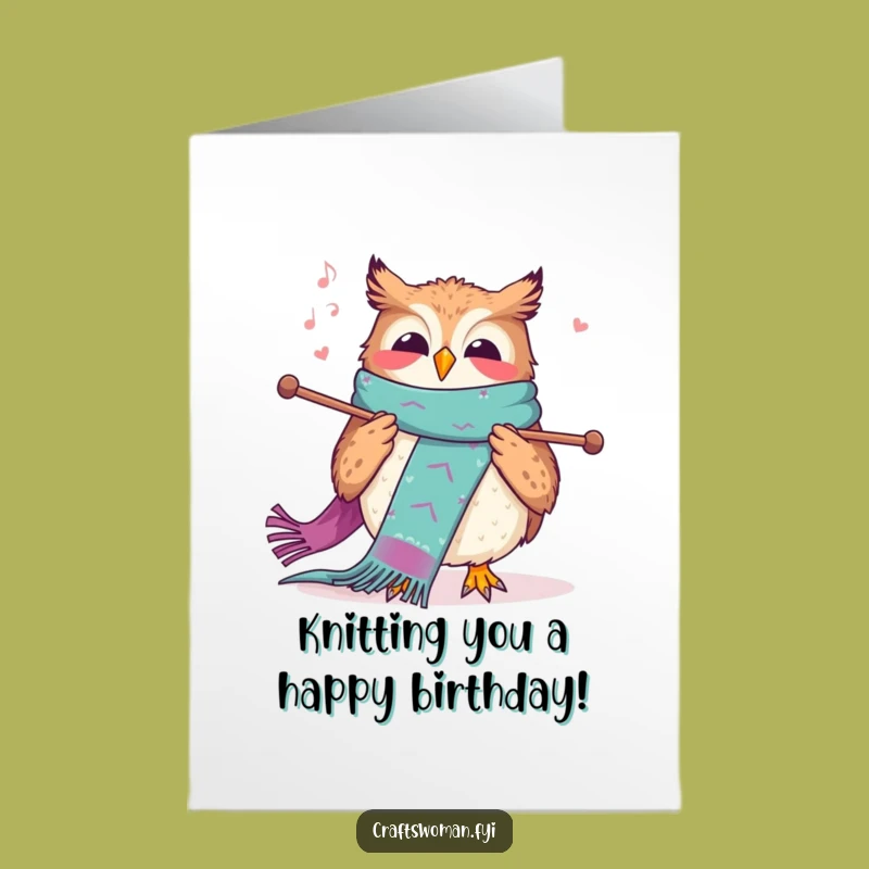 Free Printable Birthday Card: Joyful Owl Knitting - Cozy & Funny Downloadable Greeting!