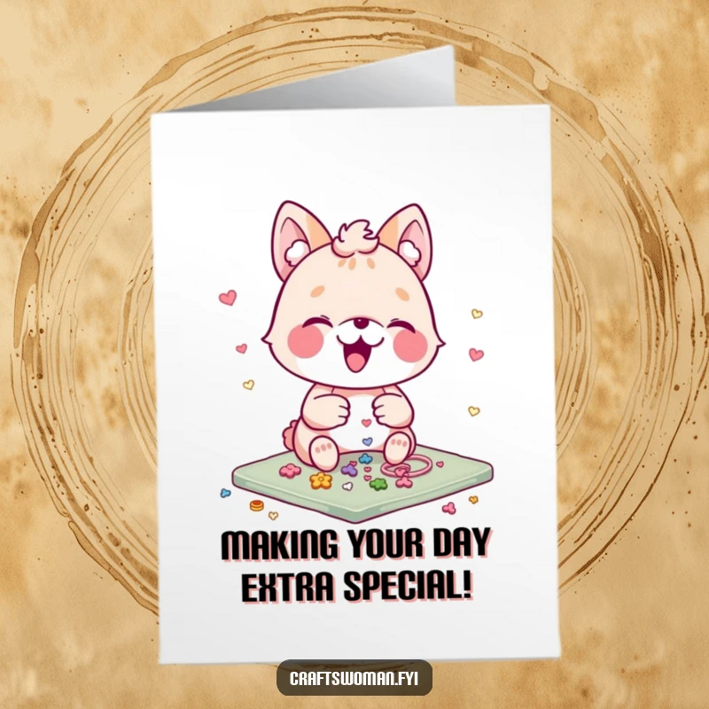 Funny Free Printable Birthday Card: A cheerful animal character gleefully places tiny embellishments onto a colorful craft project, celebrating creativity.