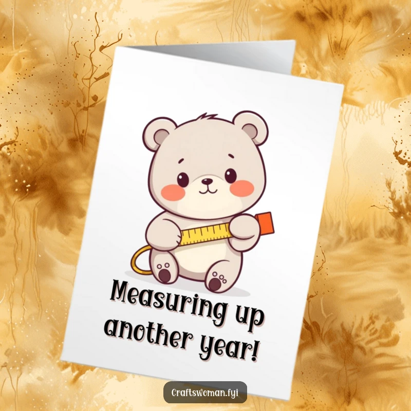 Funny free printable birthday card featuring a smiling bear intently using a tape measure, symbolizing accuracy and effort.