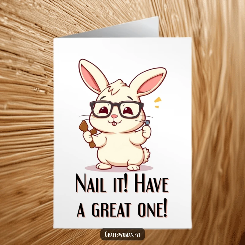 Funny Free Printable Happy Birthday Card: A perky rabbit with crooked glasses hammers enthusiastically, ready for a DIY celebration.
