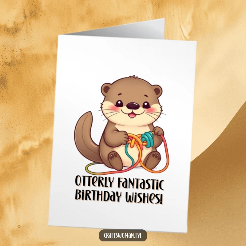 Funny Free Printable Birthday Card: Smiling otter joyfully knots colorful yarn, perfect for a unique and humorous greeting.