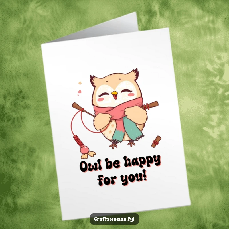 Funny Free Printable Owl Birthday Card: A cute owl joyfully weaving a scarf for a hilarious DIY gift.