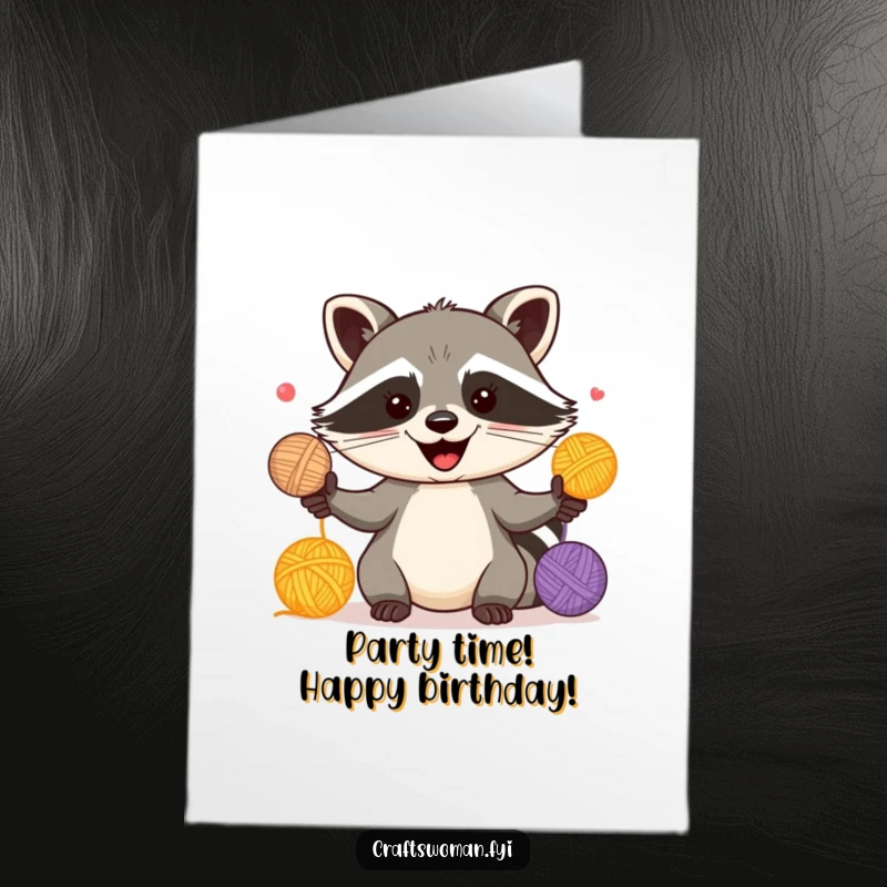 Funny Free Printable Birthday Card: A happy raccoon with a mischievous grin juggles multiple colorful yarn balls.