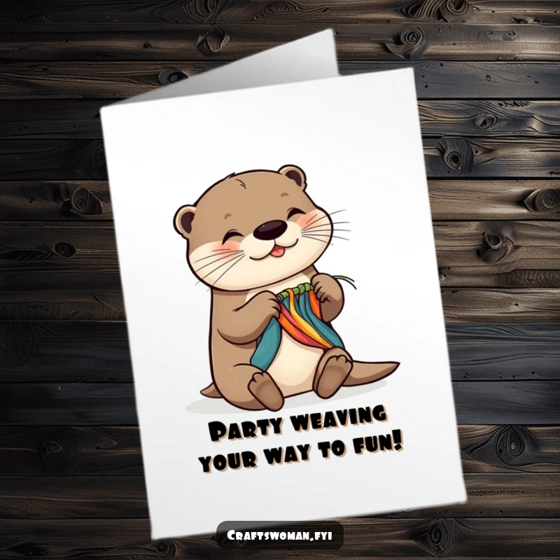 Funny free printable birthday card depicting a gleeful otter skillfully weaving colorful threads with expert paws.