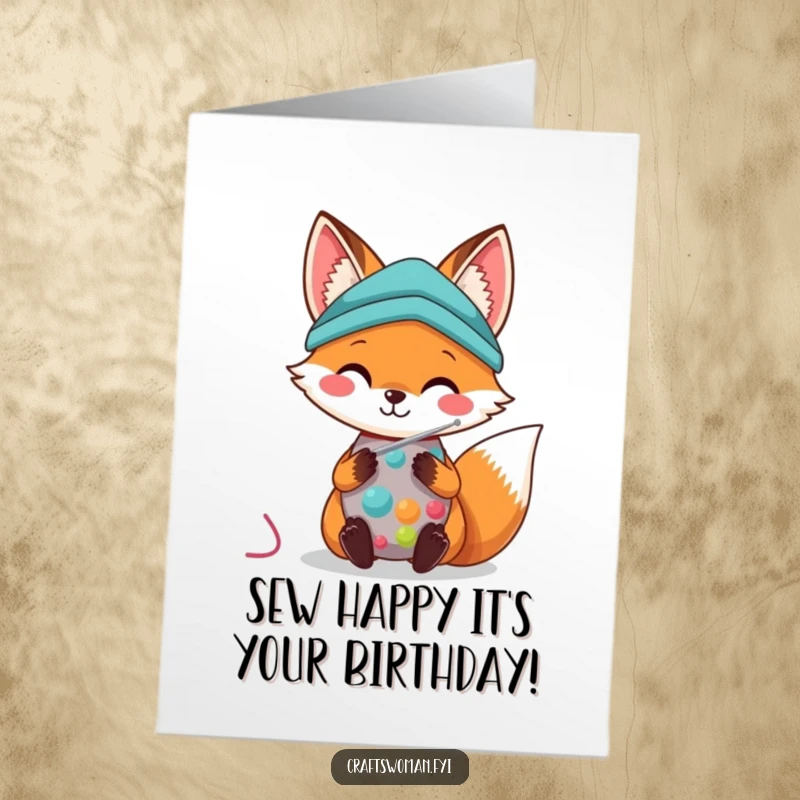 Funny Free Printable Birthday Card: A cute kawaii fox happily sewing colorful fabric with a needle and thread, smiling sweetly.