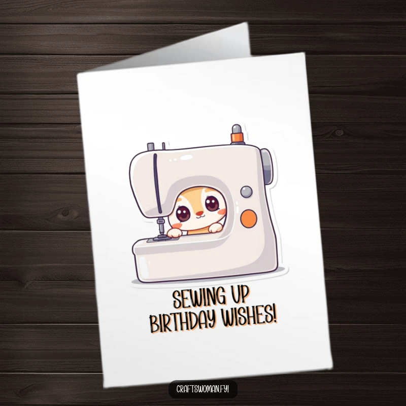 Funny Free Printable Birthday Card: A curious animal with wide eyes gazes intently at a sewing machine.