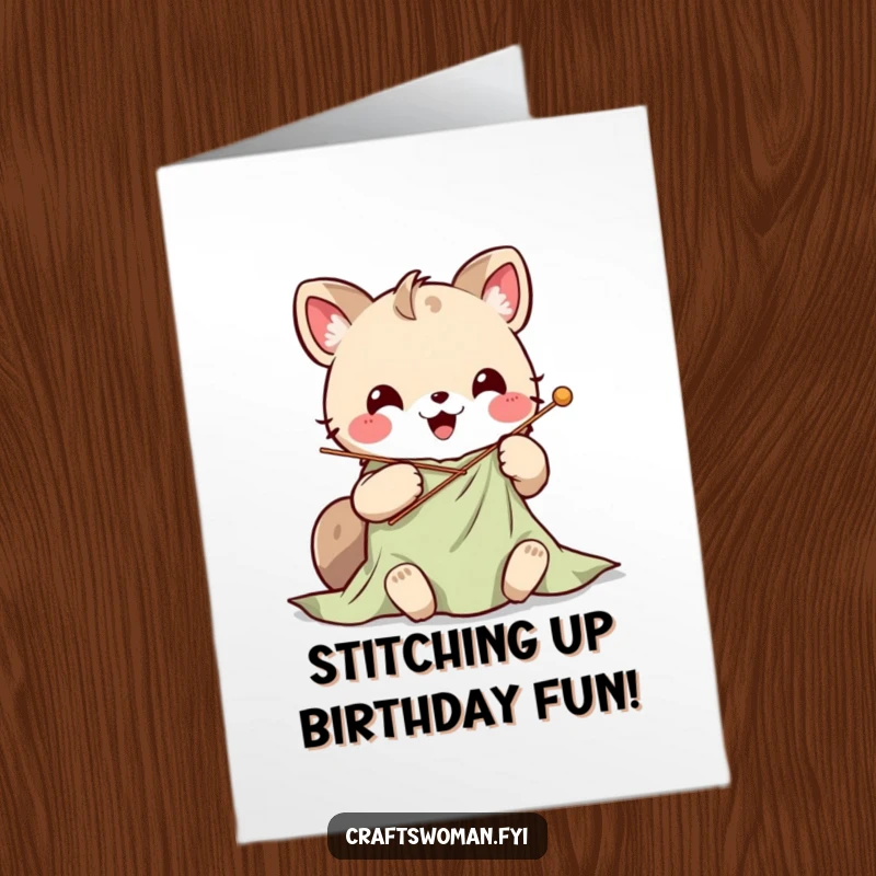 Funny Free Printable Birthday Card featuring a cute Kawaii animal character excitedly stitching vibrant fabric.