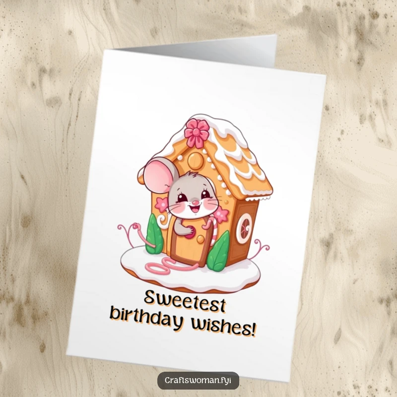 Funny Free Printable Birthday Card: A giggling mouse sprinkles decorations on a charming, whimsical gingerbread house.