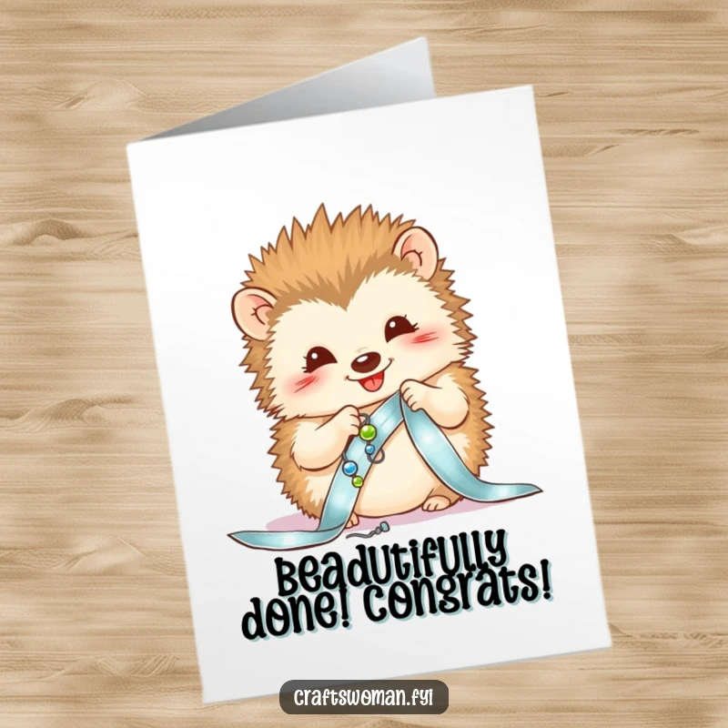Funny Free Printable Congratulations Card: An adorable hedgehog diligently sews beads onto a shimmering ribbon.