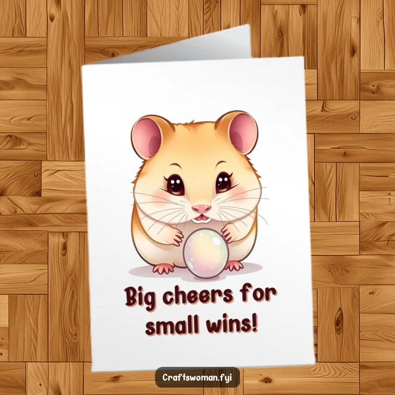 Funny Free Printable Congrats Card: A curious hamster examining a delicate bead with sparkling eyes, celebrating your success.