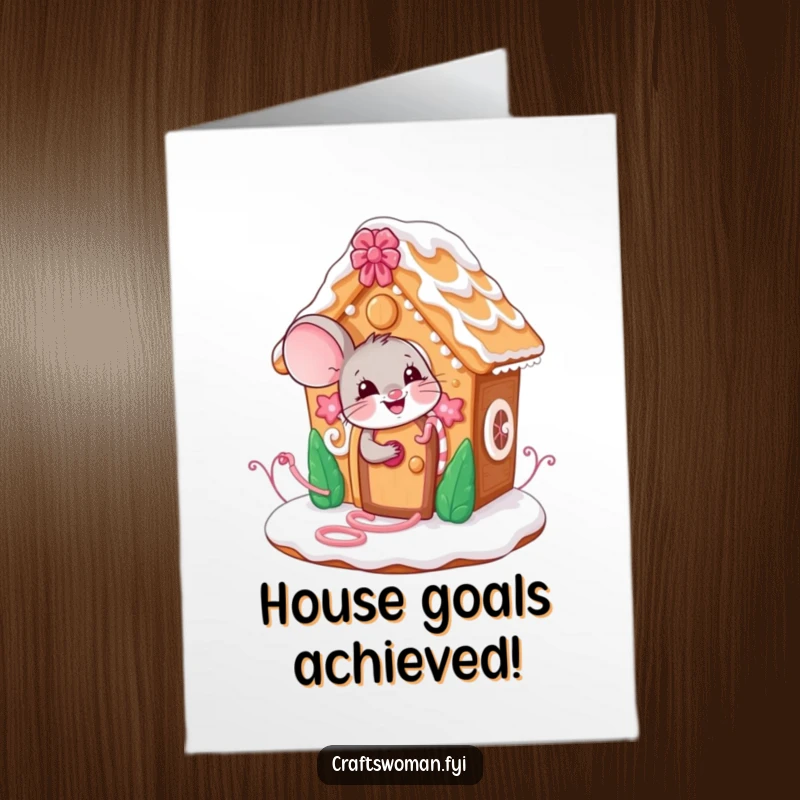 Funny Free Printable Congrats Card: A giggling mouse joyfully decorates a whimsical gingerbread house with colorful icing.
