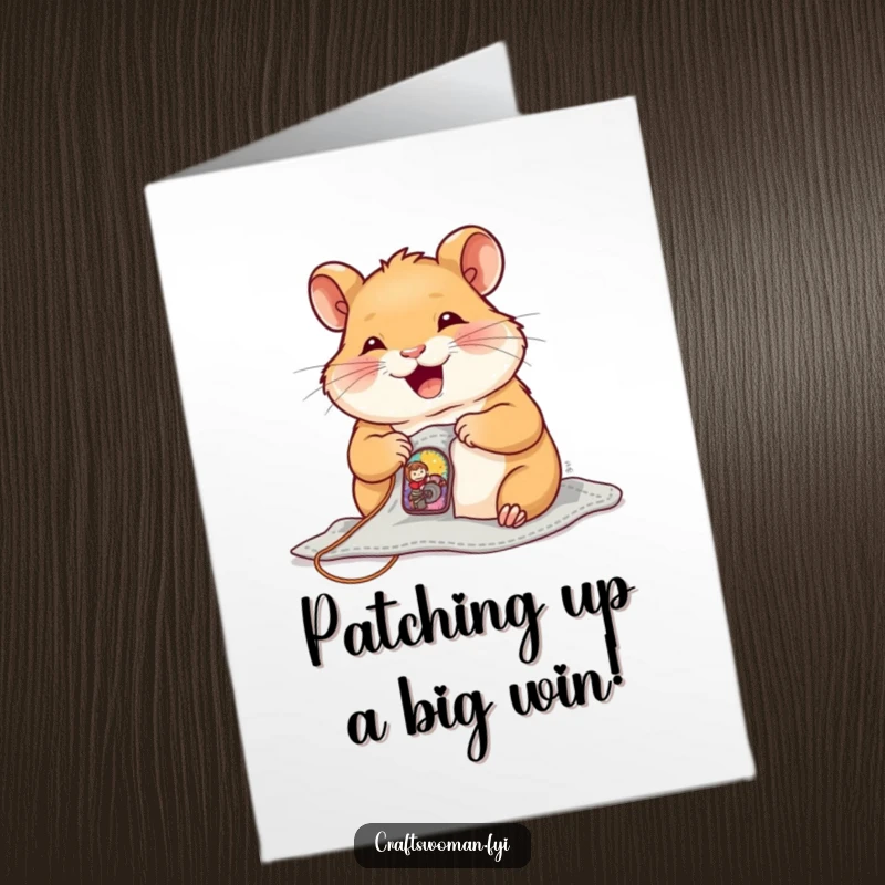 Funny Free Printable Congrats Card: Hamster sewing a tiny patch, symbolizing the successful completion of a small but important task.