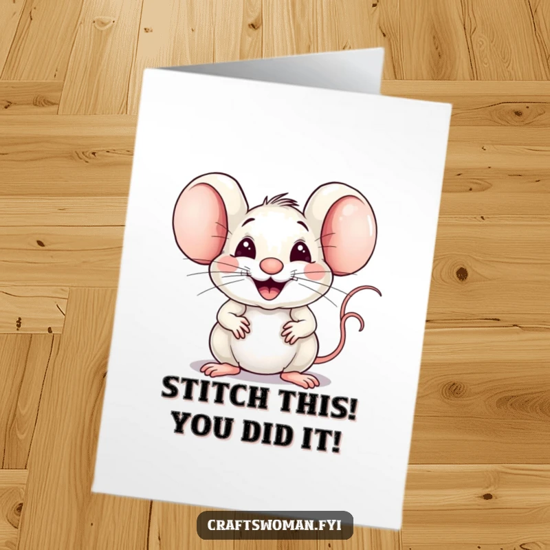 Funny Free Printable Congrats Card: A joyful mouse beams with pride while expertly weaving fabric, celebrating a milestone.