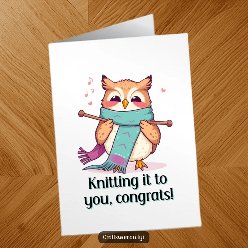 Funny Free Printable Congrats Card: A joyful owl knitting a colorful scarf, celebrating your wonderful achievement.