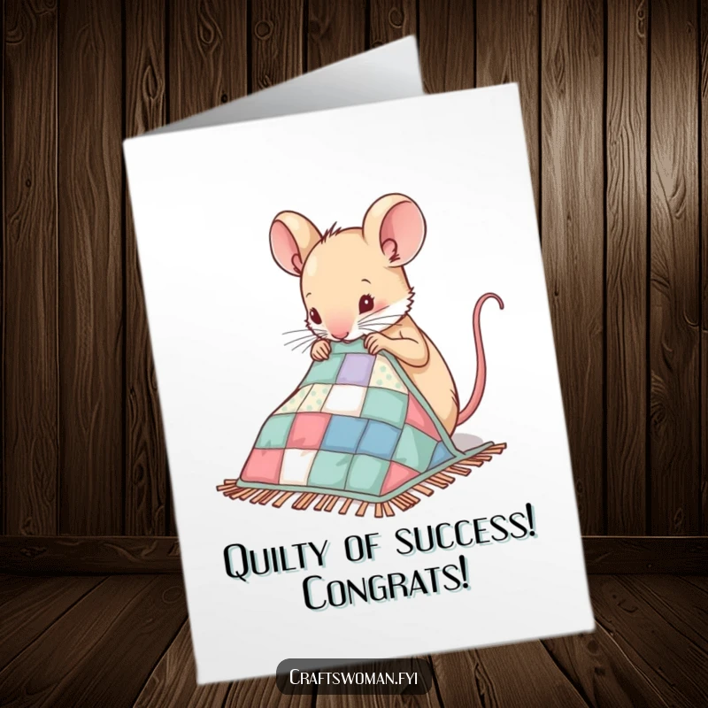 Funny Free Printable Congratulations Card with a nimble mouse sewing patches onto a miniature quilt, celebrating a job well done.