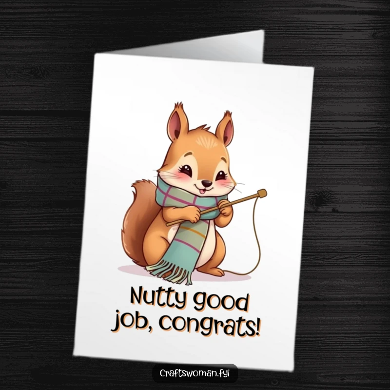 Funny Free Printable Congrats Card: Squirrel character happily stitching a scarf, symbolizing the creation of something wonderful.