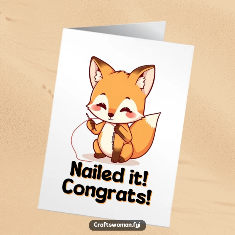Funny free printable congratulations card showing a determined fox sewing up a ripped seam, symbolizing fixing things.