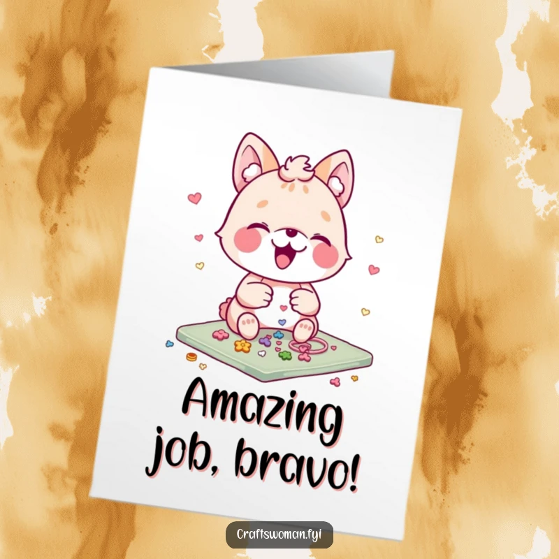 Funny Free Printable Congrats Card: An animal character joyfully arranges small, shiny embellishments on a craft project, signifying a successful endeavor.