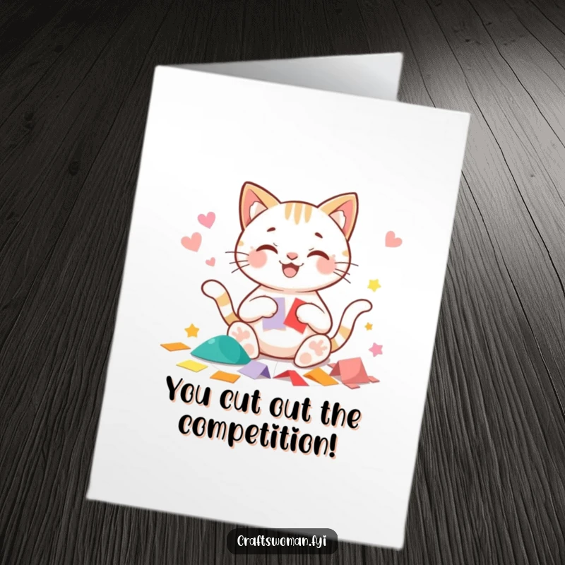 Funny Free Printable Congrats Card: Beaming cat character happily cutting precise shapes from colorful paper, celebrating accuracy.