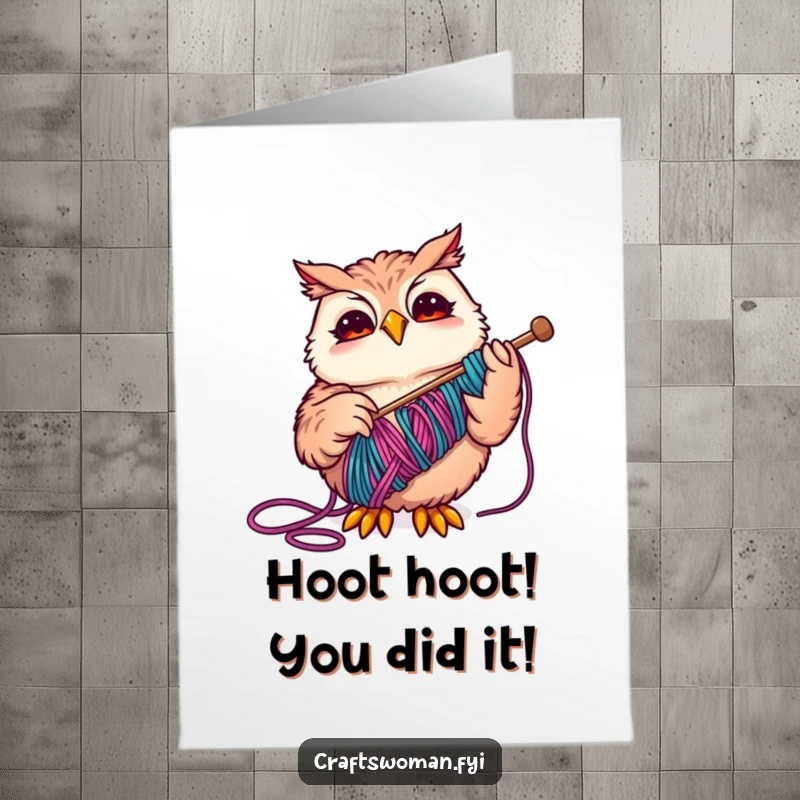 Funny Free Printable Congratulations Card showing a joyful owl expertly threading colorful yarn, symbolizing the stitching of success.