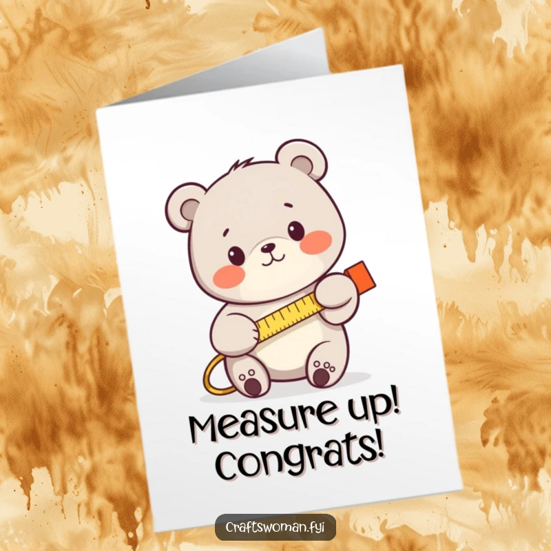 Funny free printable congratulations card showing a determined bear measuring with a tape measure, celebrating a job well done.