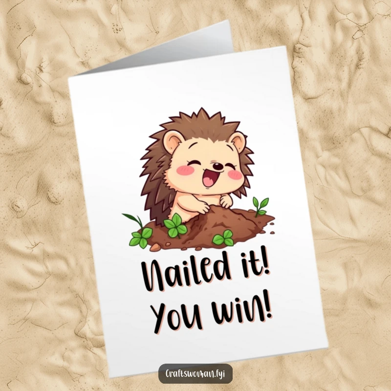 Funny Free Printable Hedgehog Congratulations Card: A delighted hedgehog hammering a nail, a unique DIY gift.