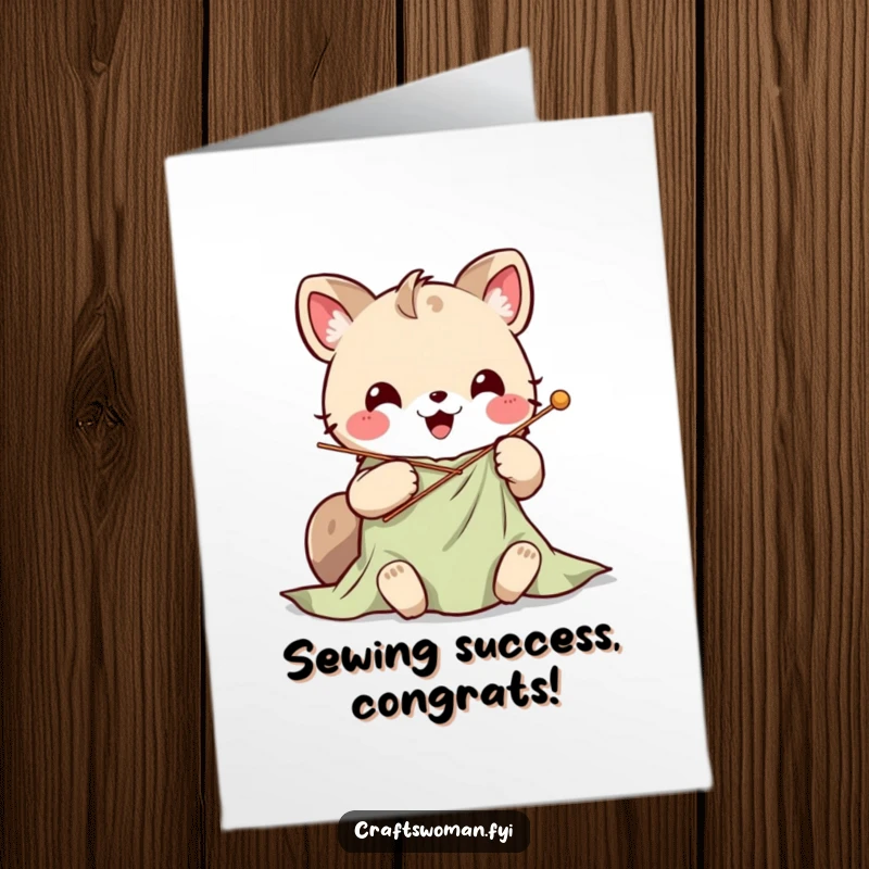 Funny Free Printable Congrats Card showing a happy Kawaii animal character busily stitching success.