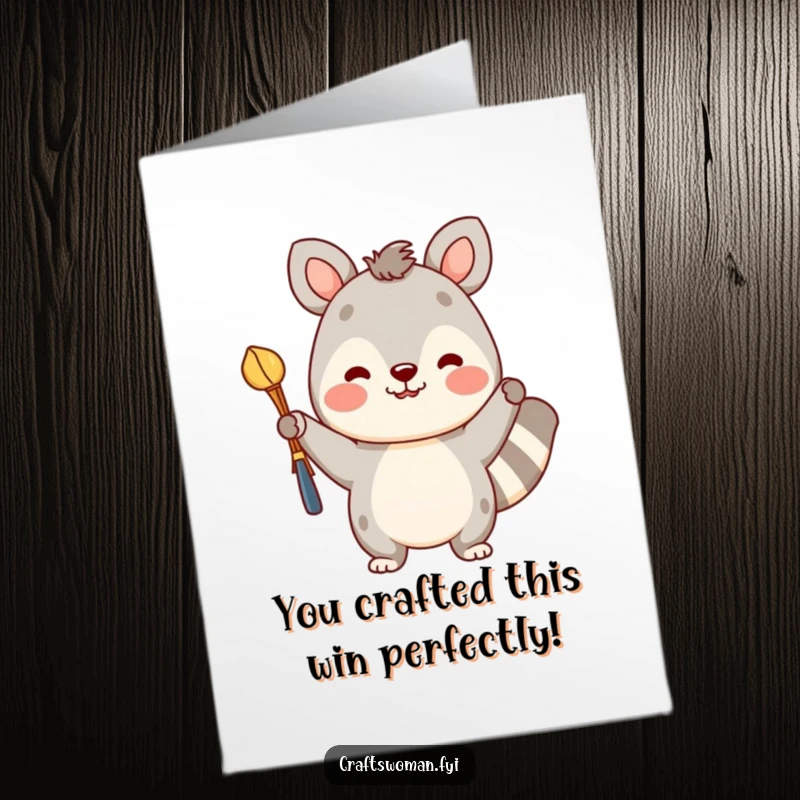 Funny Free Printable Congratulations Card: A cheerful animal beams with pride holding a wonderfully completed craft project.