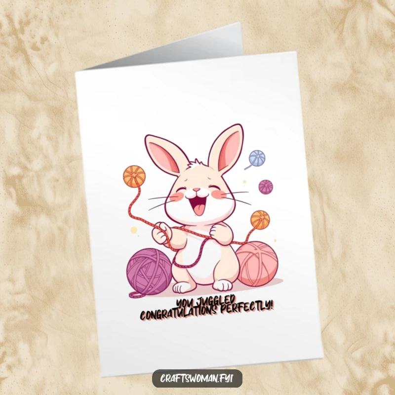 Funny Free Printable Congratulations Card: A happy rabbit laughs while expertly juggling colorful balls of yarn, symbolizing a juggling act of success.