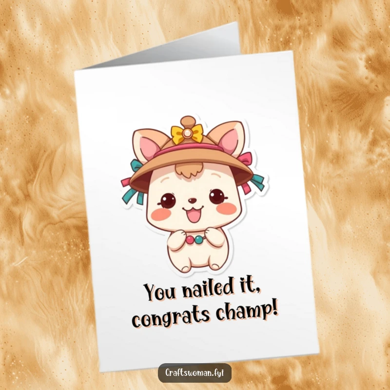 Funny Free Printable Congrats Card: A smiling animal character crafts a decorative hat, symbolizing a creative and joyous celebration of success.