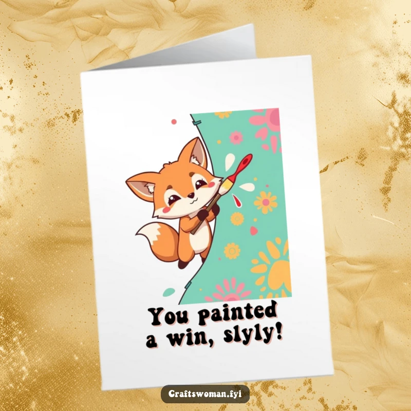 Funny Free Printable Congrats Card: Fox character painting a vibrant pattern, symbolizing creative success and outstanding achievement.
