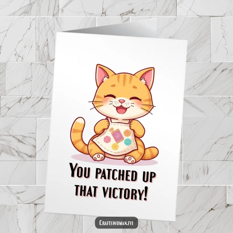 Funny Free Printable Congratulations Card: Happy cat in an apron joyfully stitches a colorful patch, celebrating success.