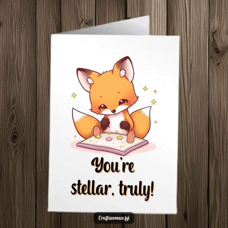 Funny Free Printable Congratulations Card: A playful fox adding glitter stars, symbolizing shining success, great gift.