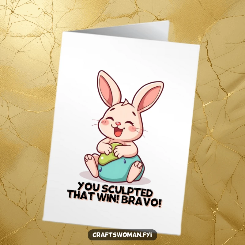 Funny Free Printable Congrats Card: Happy rabbit sculpting a whimsical clay shape, celebrating a great achievement.