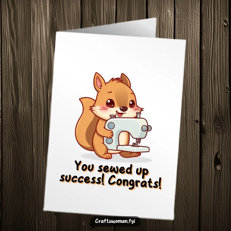 Funny Free Printable Congratulations Card: Cheerful squirrel triumphantly pushes a tiny sewing machine, celebrating a victory.