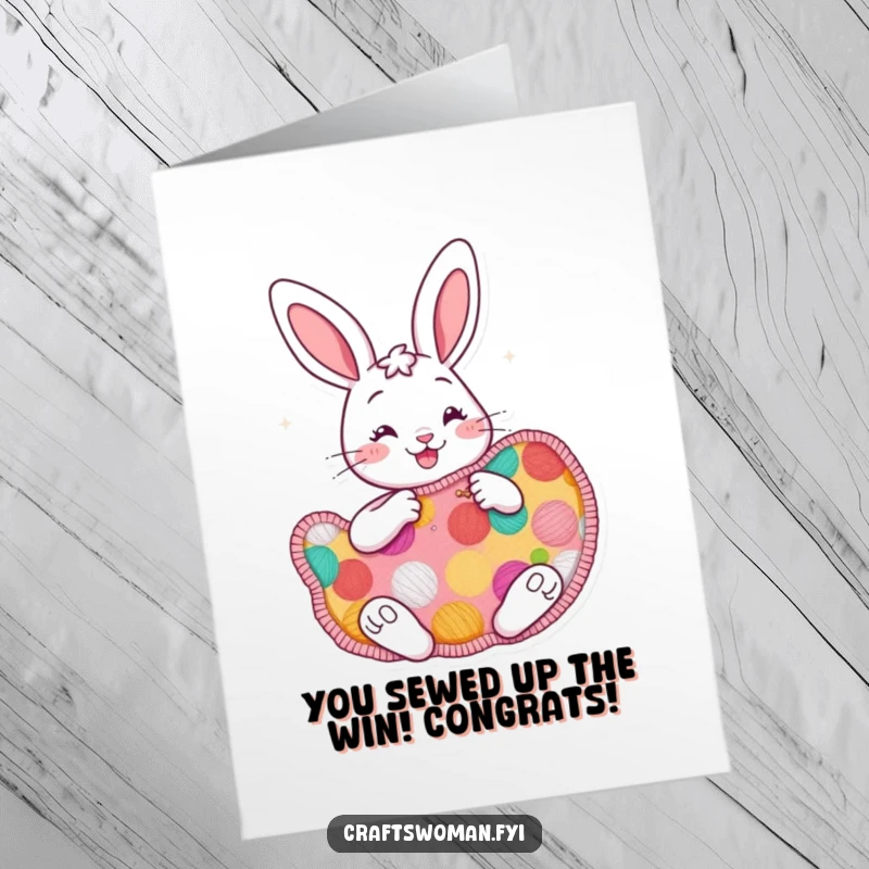 Funny Free Printable Congratulations Card: Cheerful bunny character enthusiastically sewing a large colorful patch, celebrating success with industrious spirit.