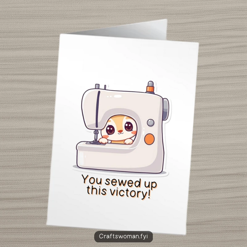 Funny Free Printable Congratulations Card: A curious animal stares with wide, eager eyes at a sewing machine, ready to create.