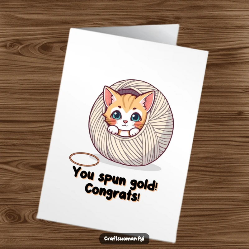 Funny Free Printable Congratulations Card: Curious cat emerging from yarn, celebrating a fabulous achievement.