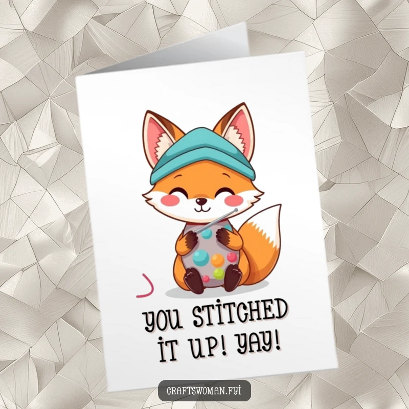 Free Printable Congratulations Card: A kawaii fox skillfully stitches colorful fabric with a sewing needle, smiling with pride.