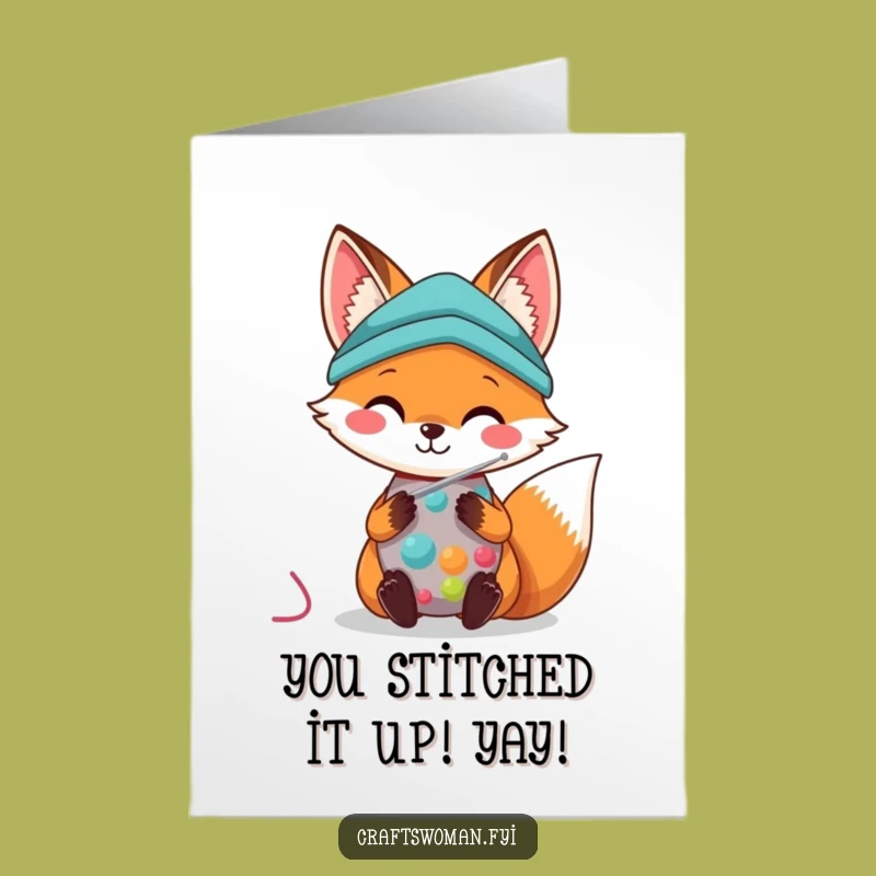 Free Printable Congrats Card: Kawaii Fox Stitching Success