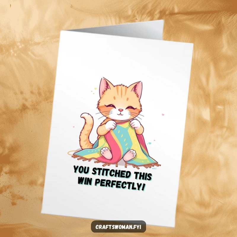 Funny Free Printable Congratulations Card: Happy cat diligently sews a vibrant, oversized fabric creation with big, enthusiastic needles.