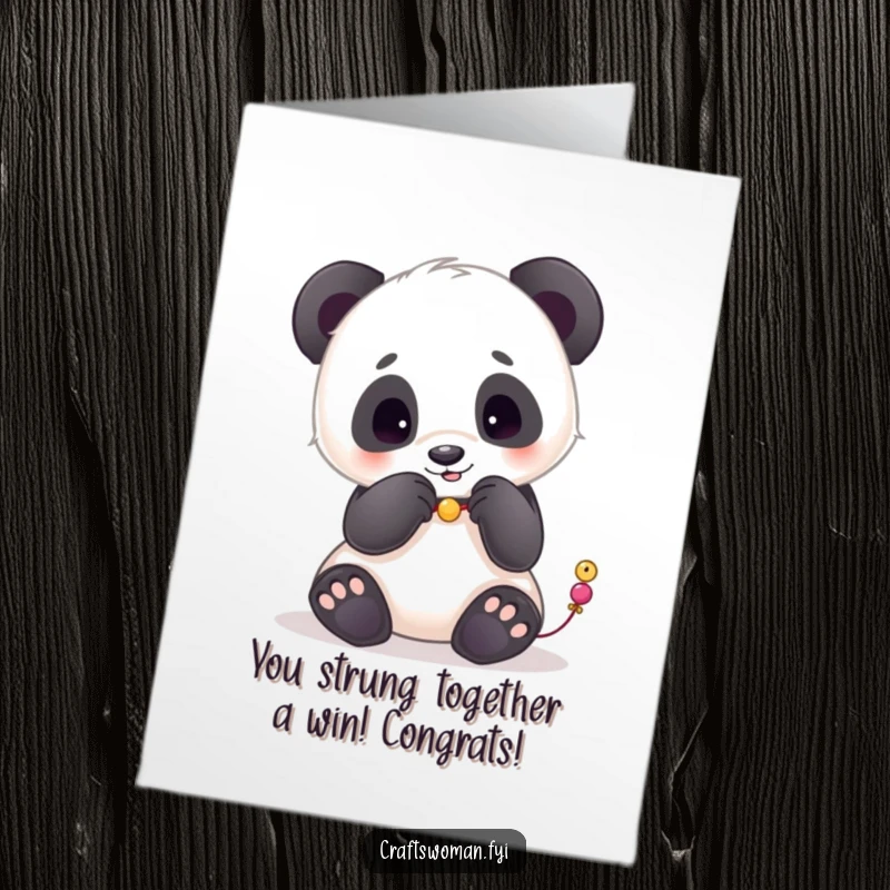 Funny Free Printable Congratulations Card: Playful panda meticulously strings beads, symbolizing a well-crafted success.