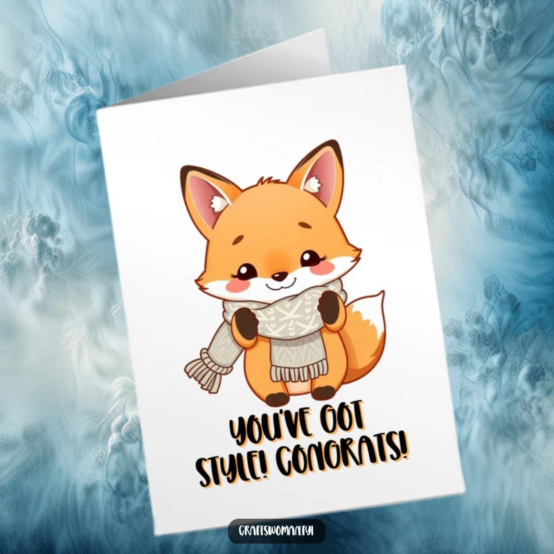 Funny Free Printable Congratulations Card: Smiling fox proudly shows off a finished knitted scarf, celebrating accomplishment.