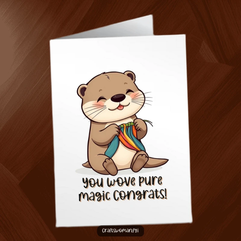 Funny free printable congratulations card featuring a joyful otter expertly weaving a vibrant tapestry of colors.