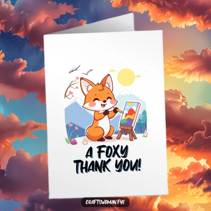 Funny Free Printable Fox Thank You Card: A cheerful fox painting a colorful scene, a creative DIY gift.