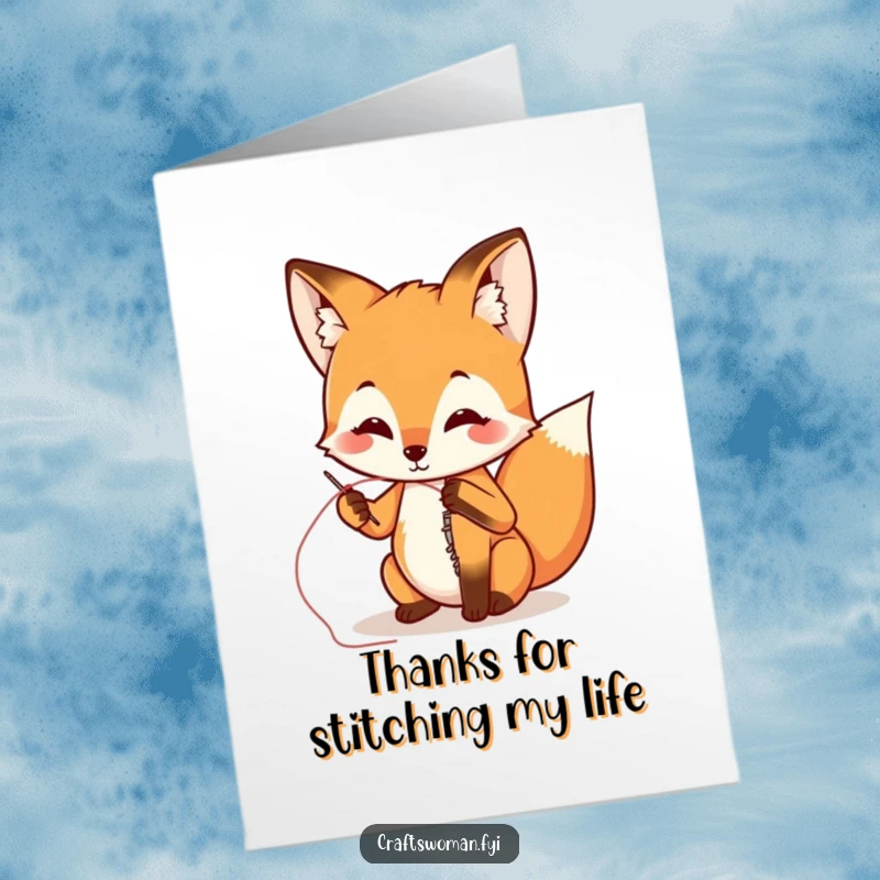 Funny free printable thank you card with a playful fox sewing a ripped seam, offering a unique way to say thanks.